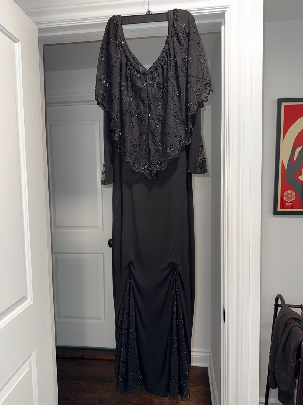 Vintage Black Beaded Off The Shoulder Gown with Sheer Beaded Overlay